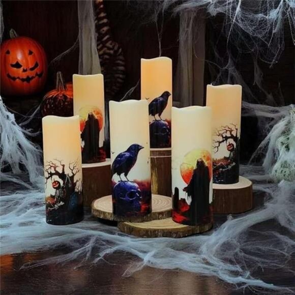 Halloween Flameless LED Candles, Set of 6, Gothic Design with Remote Control, 6 - Picture 3 of 8